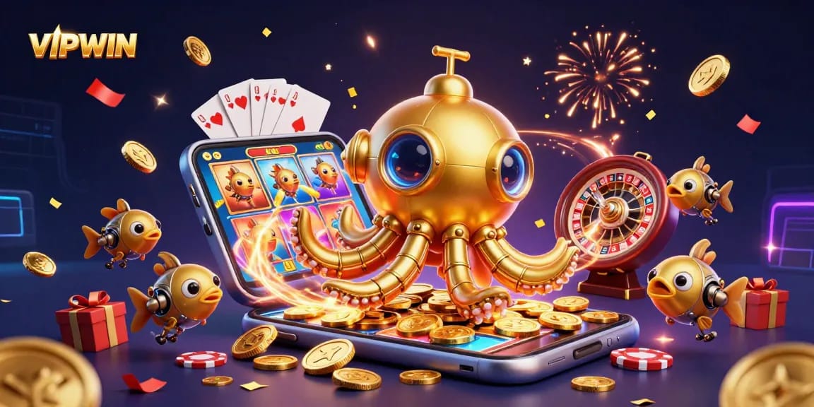 Experience exhilarating gaming at VIPWIN with a vibrant image showcasing engaging slot games and a golden kraken submarine.