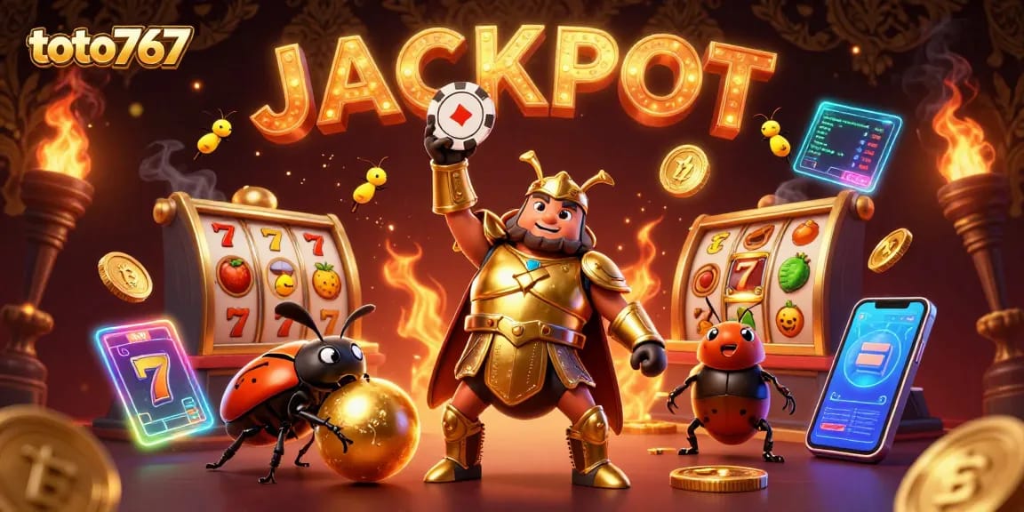 Menangkan jackpot di toto767 dengan ilustrasi karakter unik dan elemen permainan kasino.