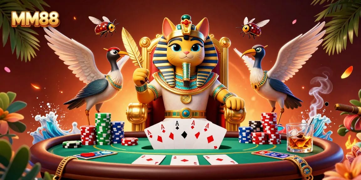 Engage with MM88's vibrant casino scene featuring pharaoh cat and poker elements.