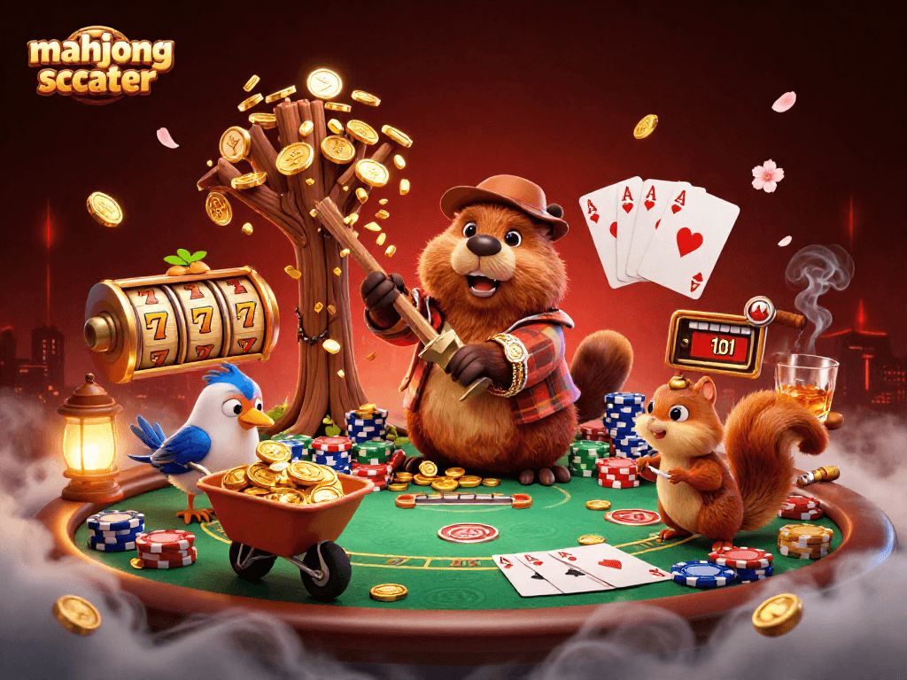 Experience mahjong scatter excitement as a lumberjack beaver collects gold coins while playing slots in a vibrant casino scene.