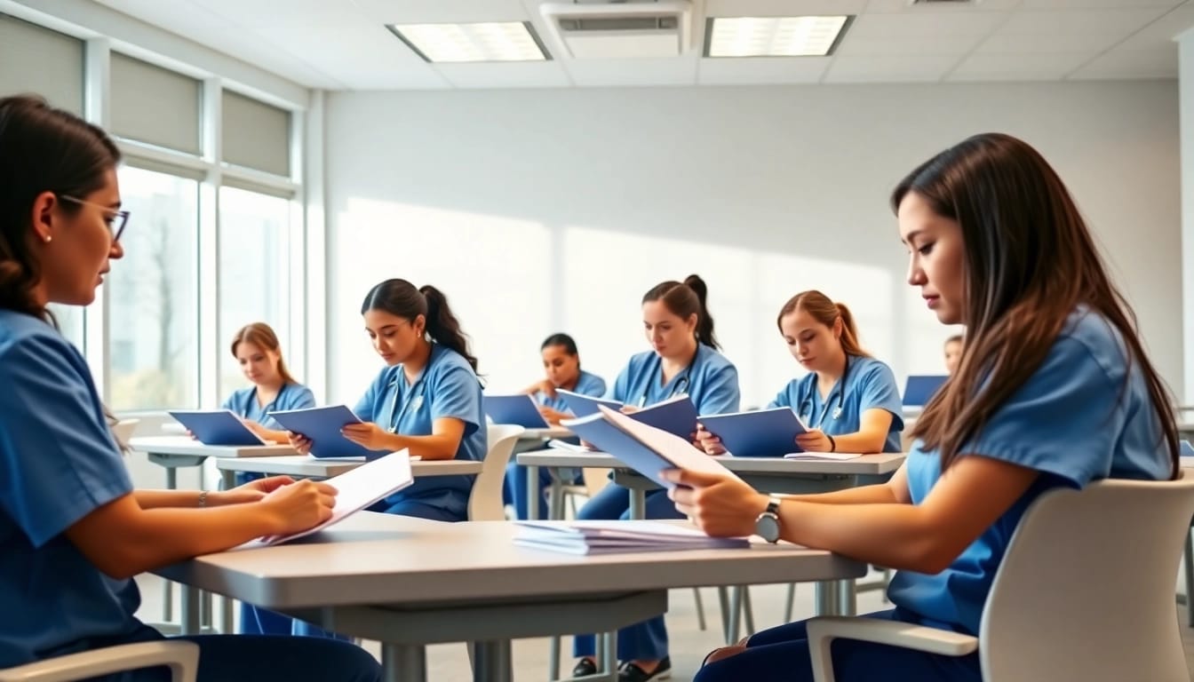 Students participating in an engaging in-person NCLEX review in Houston, focused on their materials and instructors.