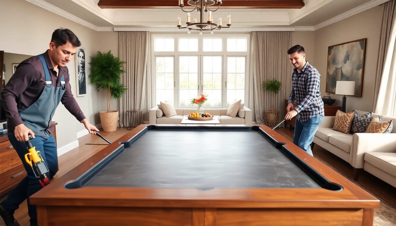 Skilled pool table mover safely relocating a slate table with professional care.