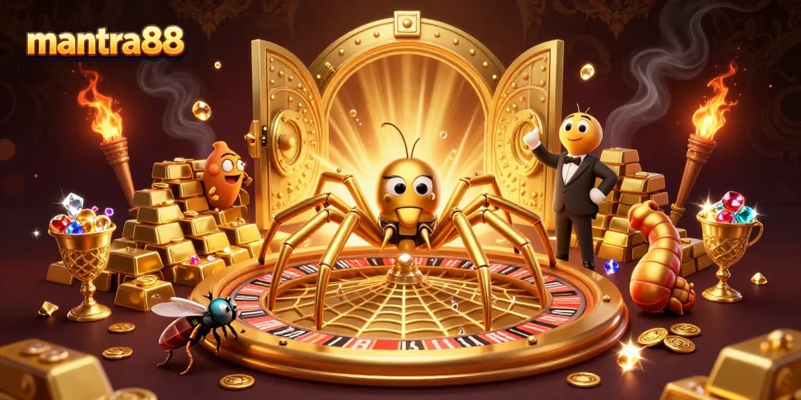 Experience thrilling bets on mantra88 with golden spider and roulette wheel in vibrant 3D illustration.