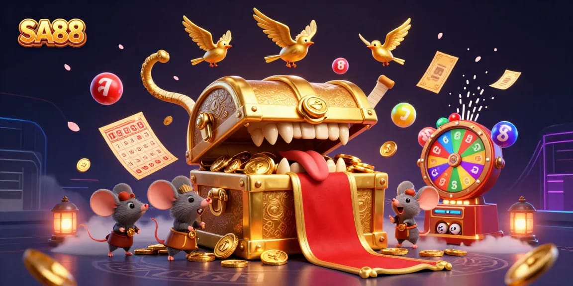 Engage in thrilling SA88 gaming with vibrant lottery elements and a captivating treasure chest.