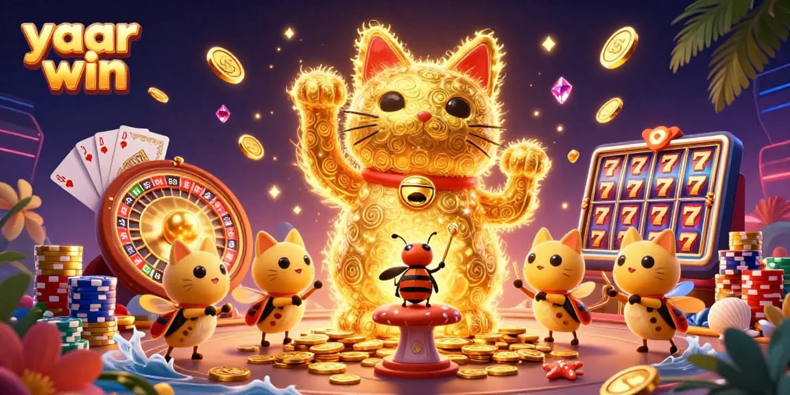 Experience yaar win with this dynamic 3D illustration of golden fireflies and casino symbols.