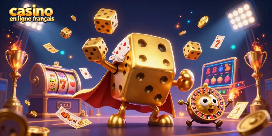 Jouez à casino en ligne français avec des dés dorés et des éléments de machines à sous, une scène dynamique et colorée.