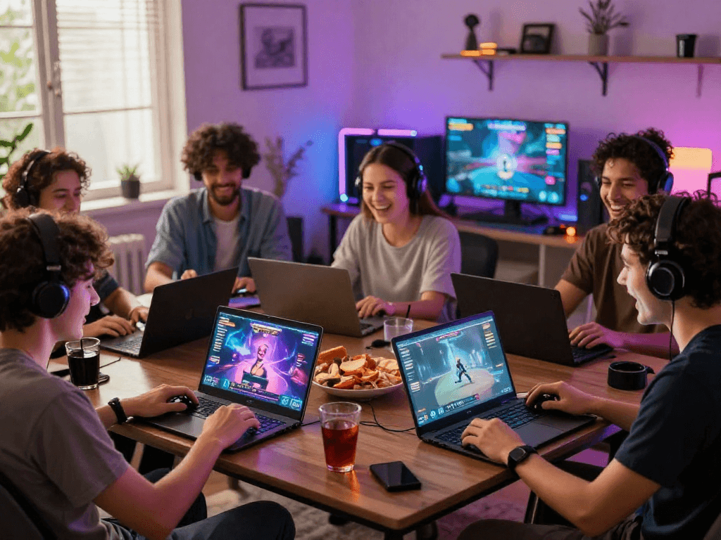 Group of friends enjoying sex games on laptops in a cozy gaming setup