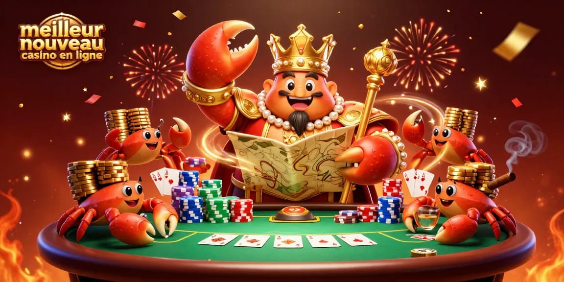 Plateau de poker animé illustrant le meilleur nouveau casino en ligne avec un crabe empereur doré et des jetons d'or.