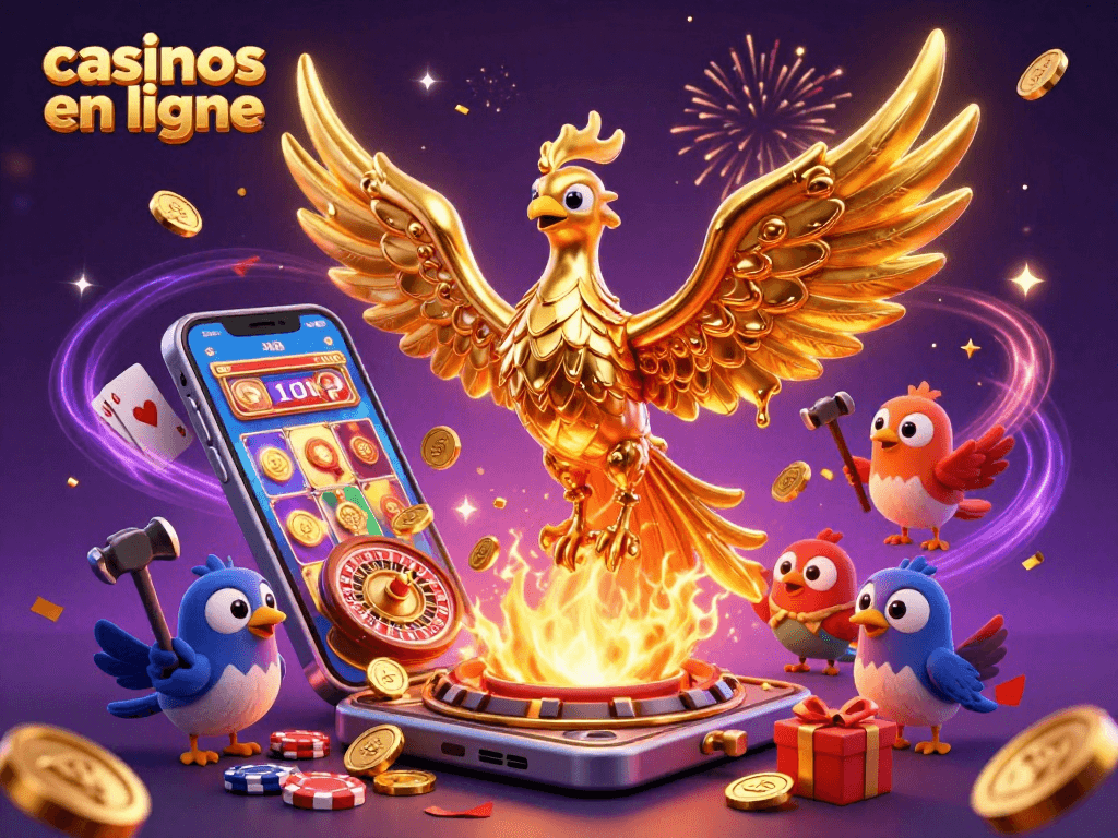 Plongez dans l'univers captivant des casinos en ligne avec cette illustration vibrante d'un phoenix doré et des éléments de jeu.