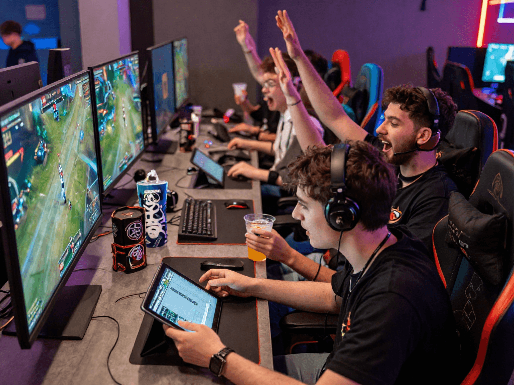 Esports betting excitement at esportspro.games with lively gamers cheering in a colorful gaming lounge.