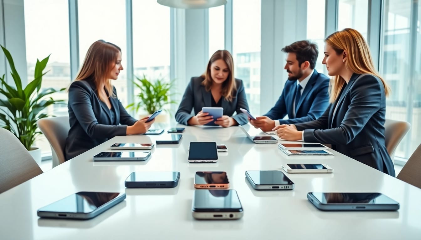 Engaging team discussing business mobile deals UK with various mobile devices on a conference table.