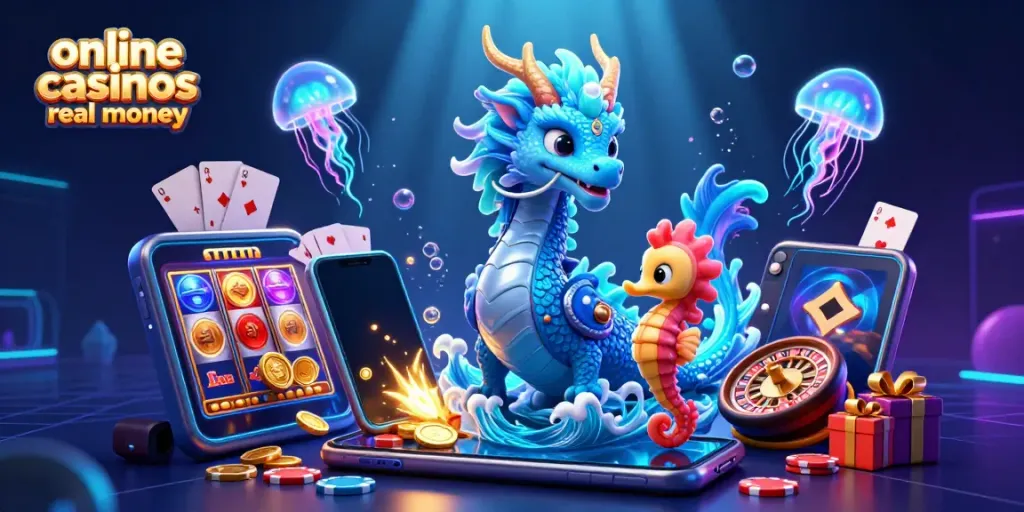A vibrant illustration showcasing online casinos real money with a dragon, seahorse knight, and jellyfish in a playful casino-themed scene.