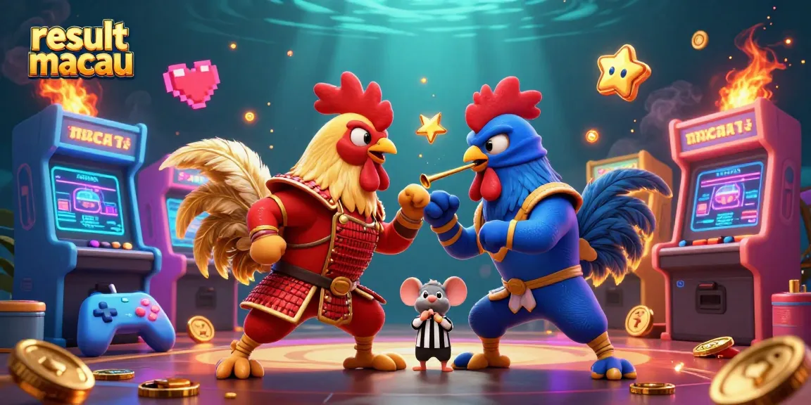 Roosters in samurai and ninja attire face off, highlighting result macau in an animated casino scene.