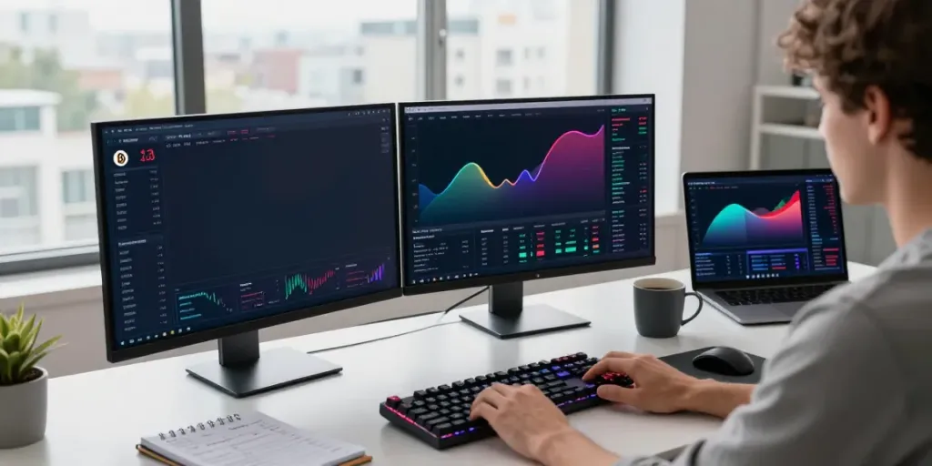 crypto order book API analysis in a modern trading workspace with live market data on multiple monitors