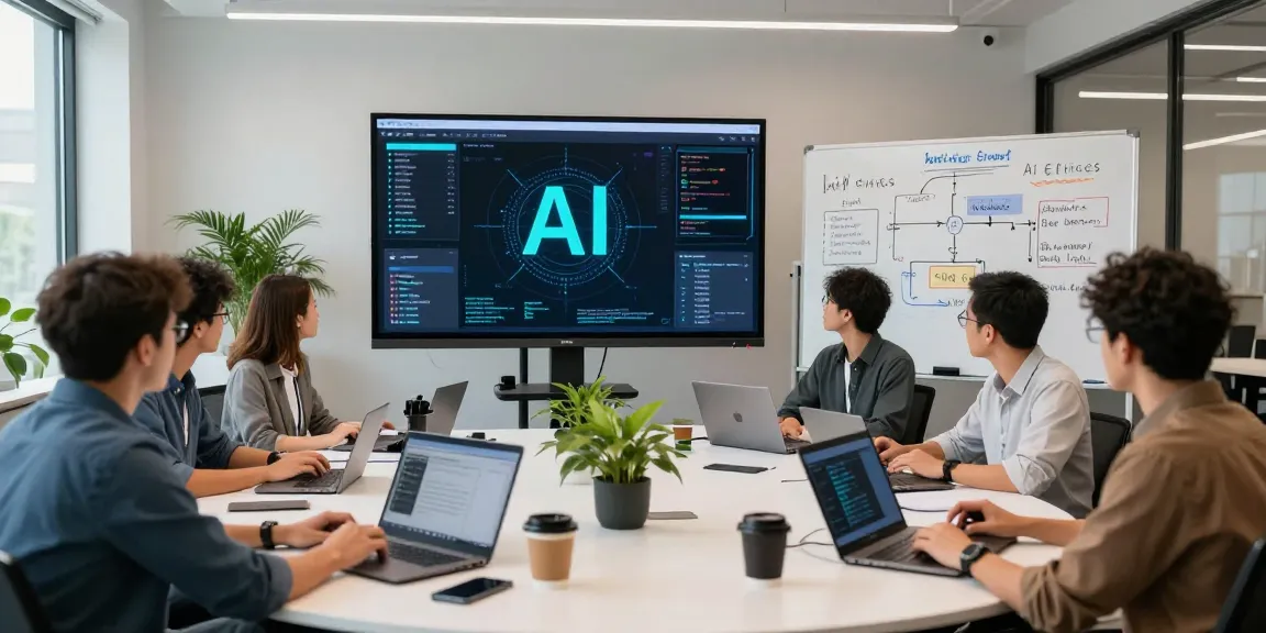 Engineers collaborating on AI detection tools in a modern office.