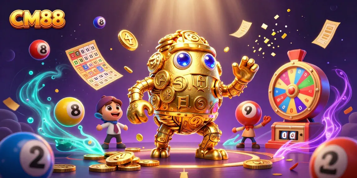 Experience CM88's thrilling gambling adventure with a dazzling golden golem and vibrant game elements.