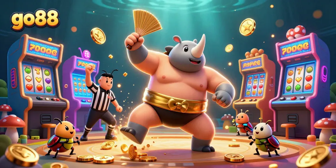 Experience the excitement of go88 with a vibrant 3D illustration featuring a sumo beetle champion and casino elements.
