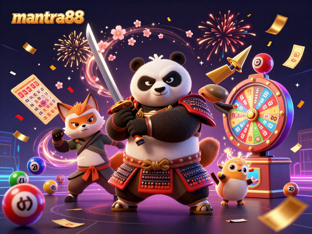 Join mantra88 in a vibrant 3D casino adventure with samurai panda and ninja fox, celebrating with golden prizes.