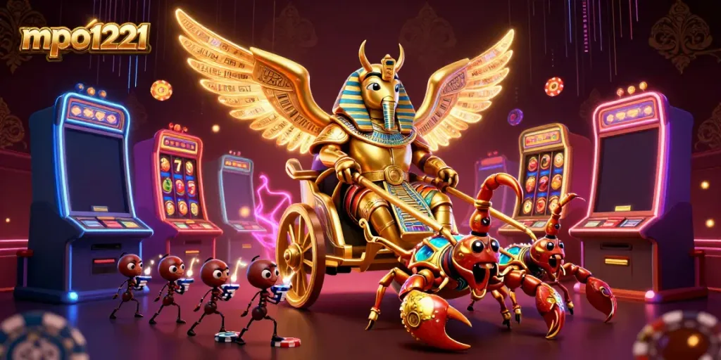 Experience thrilling wins at mpo1221 with stunning 3D illustration of golden beetle and slot machines.