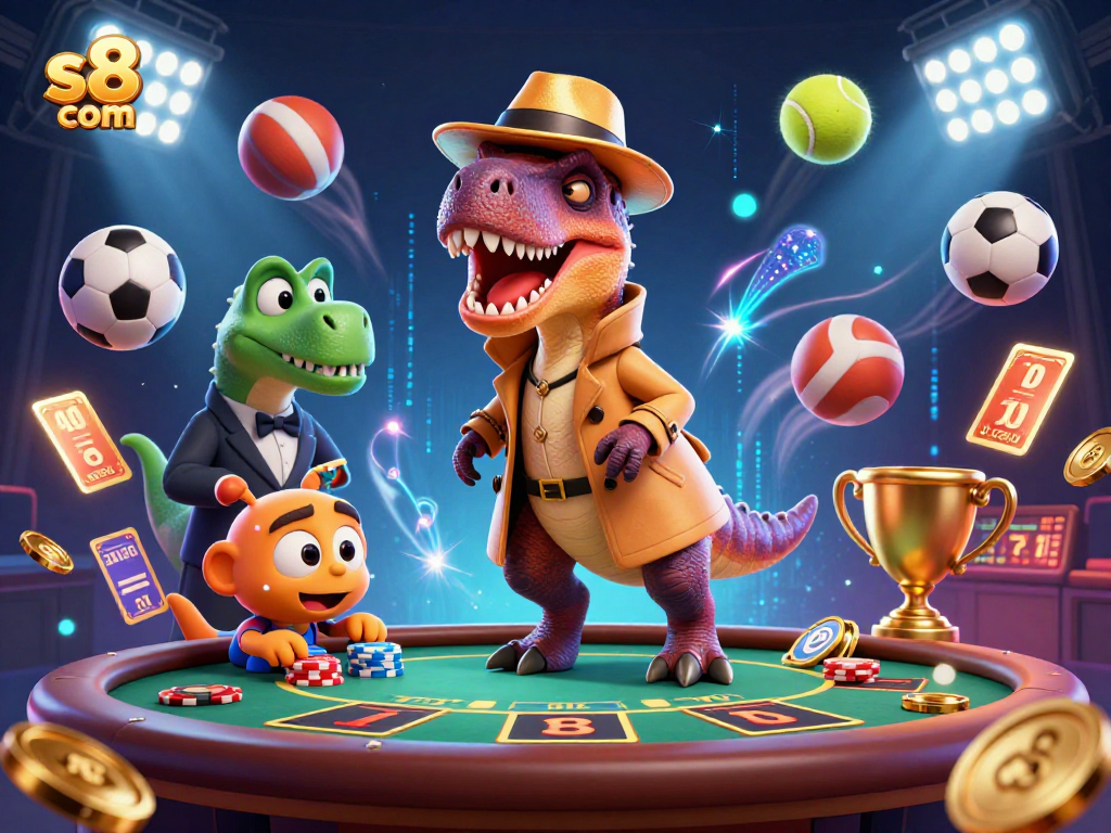 Experience thrilling online betting at s8 com with a vibrant casino scene featuring a stealthy velociraptor.