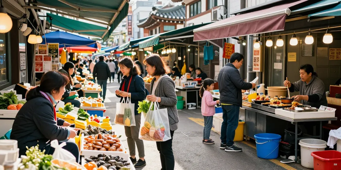 울산OP에서 신선한 해산물과 농산물을 판매하는 활기찬 시장 풍경.