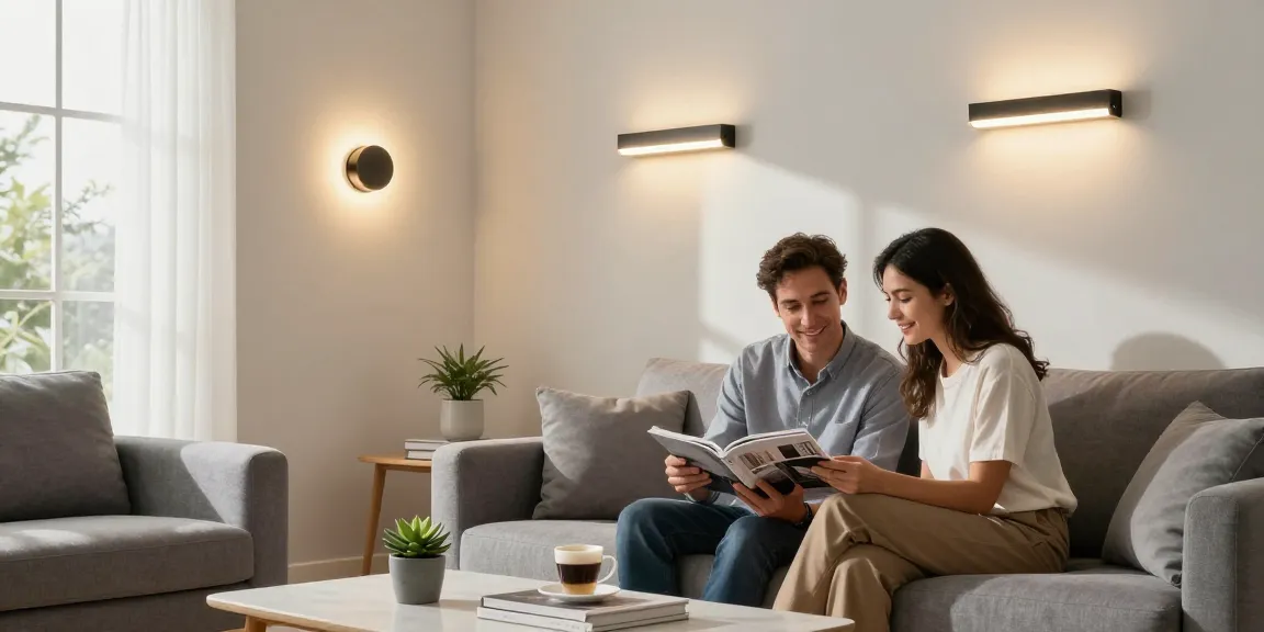 Aplice tavan moderne în interior cozy, iluminând un living cu un cuplu discutând despre decor