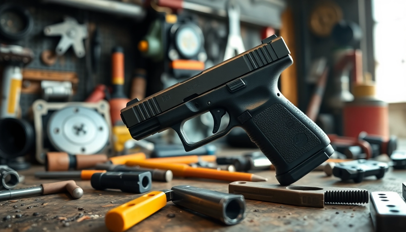 Showcasing Glock 17 slides with intricate designs and precision craftsmanship in a workshop setting.