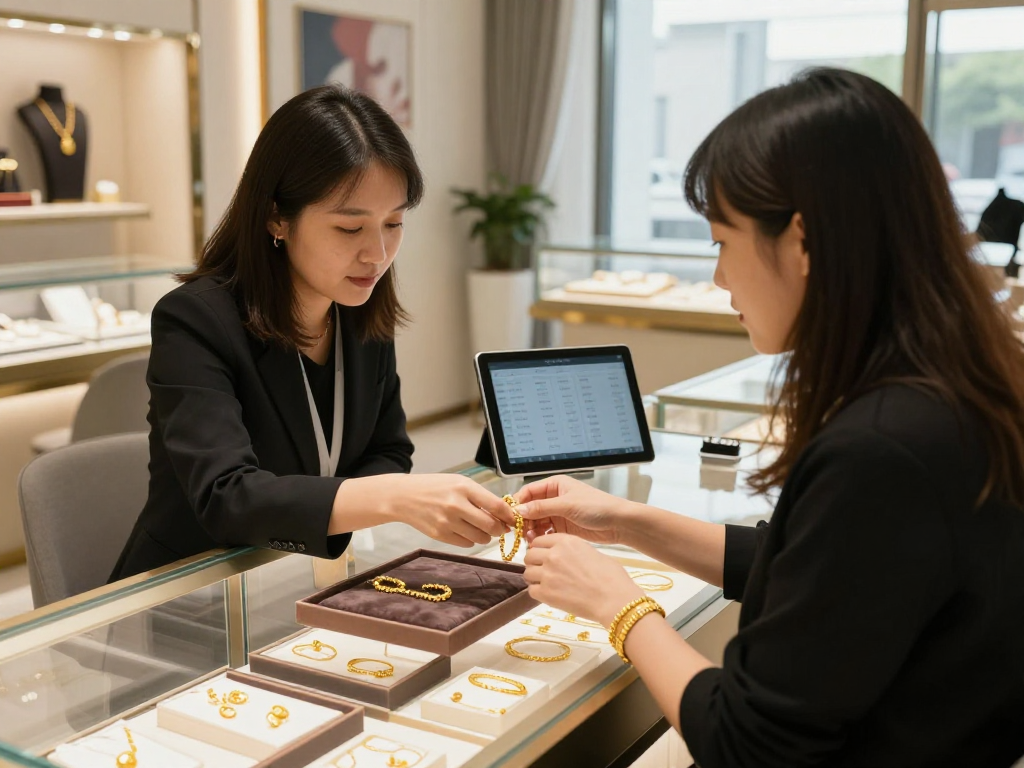 Mantra 88 gold bracelet selection in an elegant jewelry showroom.