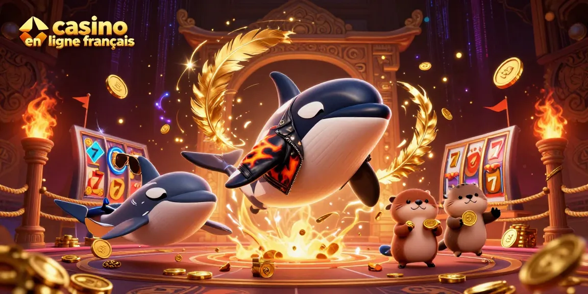 Jouer à un casino en ligne français avec une illustration d'orque et d'animaux marins riches en détails.