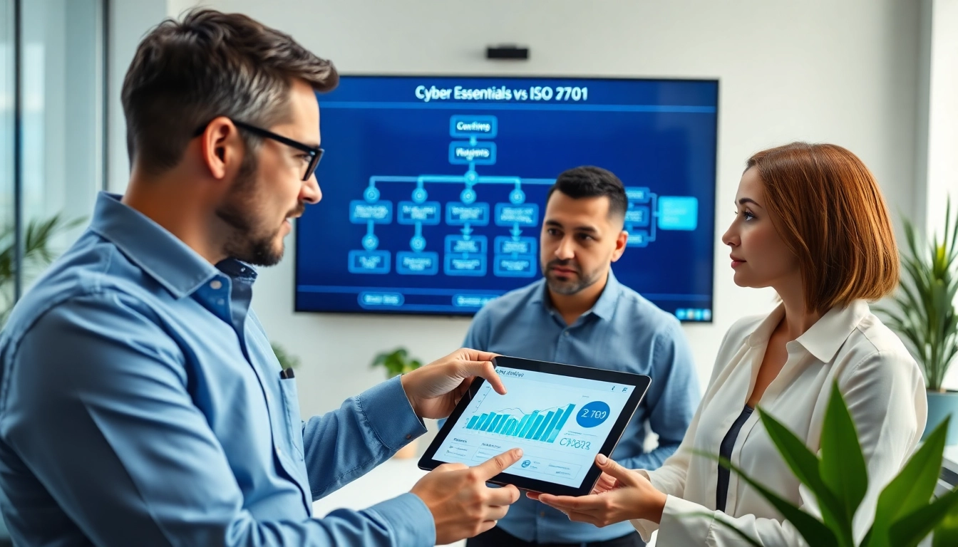 Engaged discussion on cyber essentials vs iso 27001 within a modern cybersecurity office.