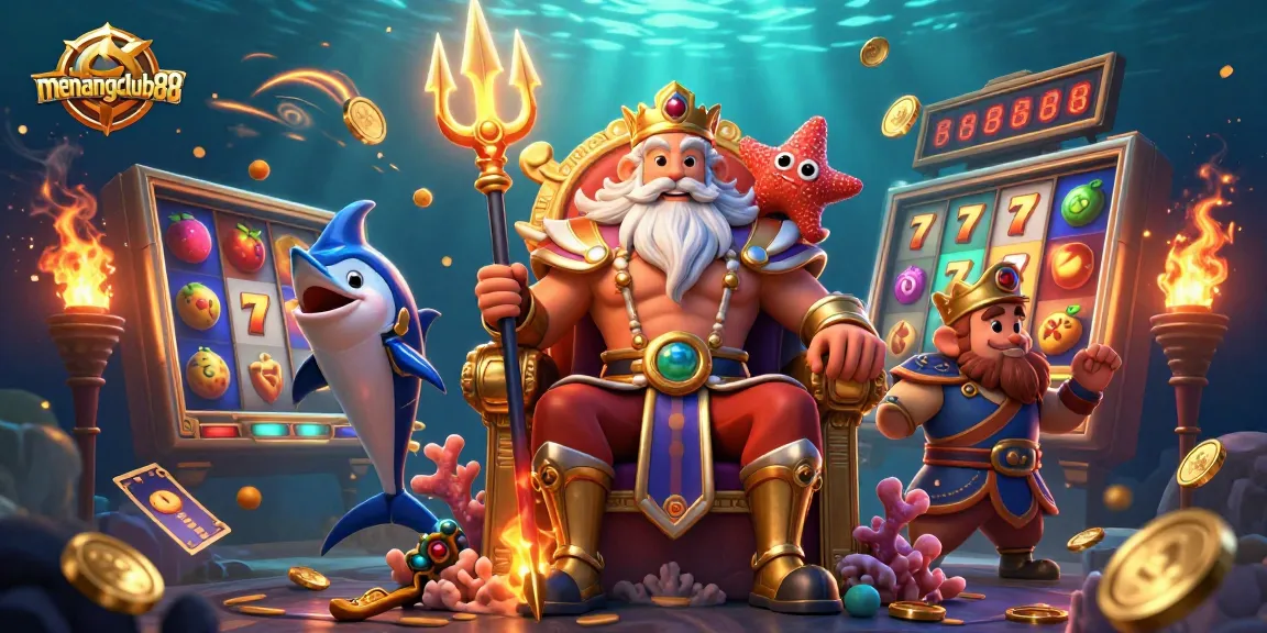 Experience exciting slot action at menangclub88 with Neptune and his entourage in a vibrant underwater casino scene.