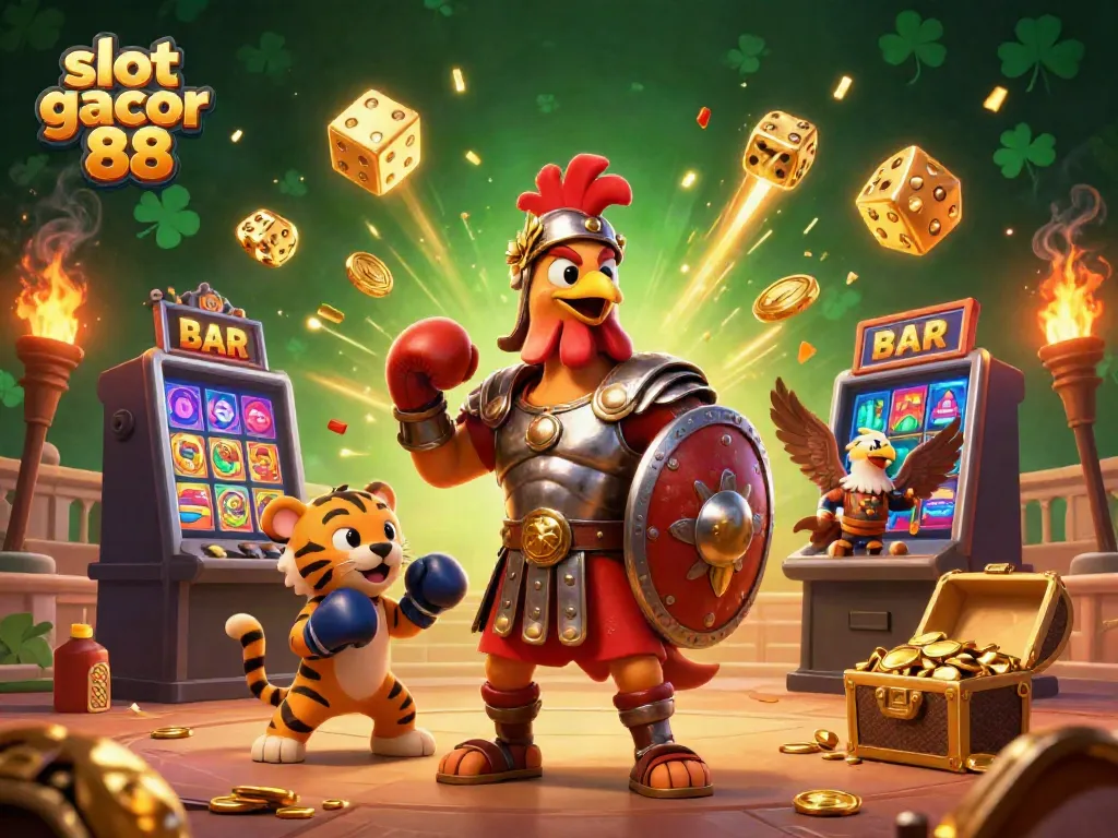 Engage with slot gacor 88 through a dynamic 3D illustration featuring a gladiator rooster and a jackpot explosion.