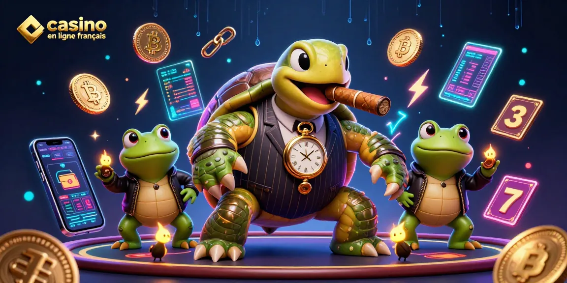 Une scène dynamique de casino en ligne français avec une tortue massive et ses gardes, illuminée par des éléments de jeu.