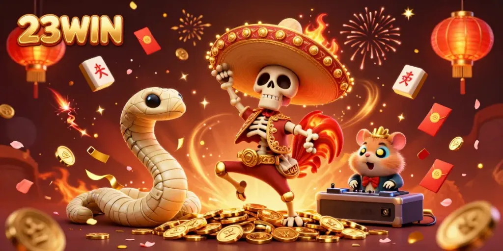 Experience the excitement of 23WIN with a celebration of vibrant casino characters and elements.