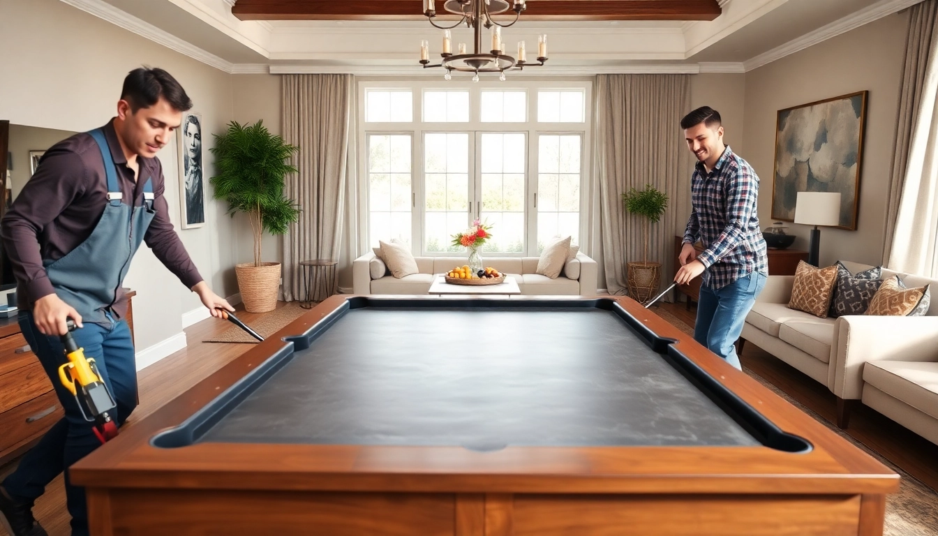 Skilled pool table mover safely relocating a slate table with professional care.