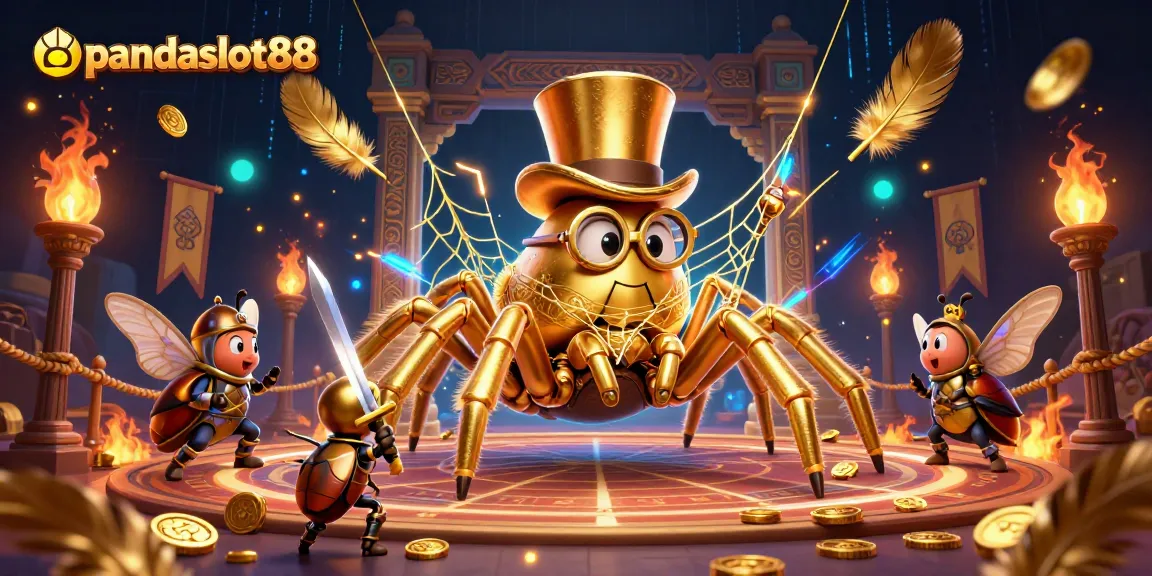 Mainkan slot gacor di pandaslot88 dengan ilustrasi menarik dari tarantula emas dan ksatria beetle.