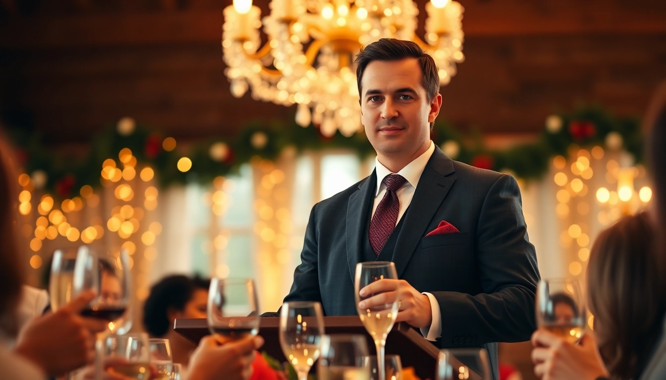 Gentleman confidently giving a toast at a wedding reception, highlighting giving a toast.
