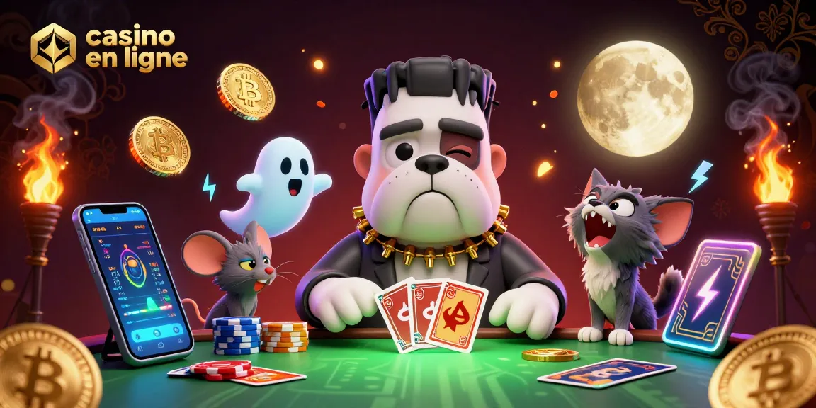 Jouez au casino en ligne avec cette illustration colorée mettant en scène un bulldog Frankenstein, un chaton loup et une souris fantomatique.