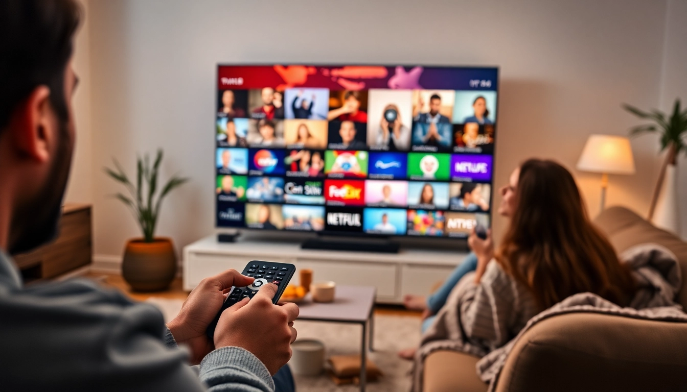 Engaging IPTV services interface in a lively family room setting, showcasing content selection.