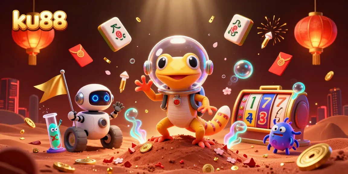 ku88 offers a vibrant casino experience with animated Martian gecko and elements of luck.