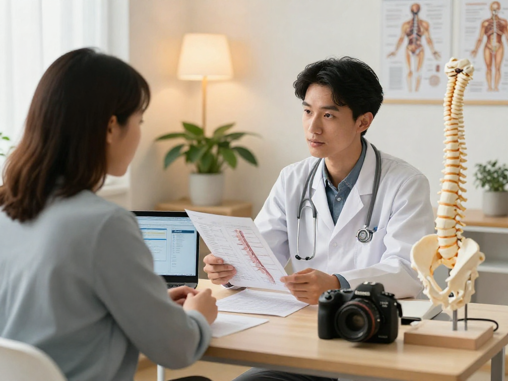 Patient consulting about dar kanal ameliyatı with a healthcare professional in a modern medical office.