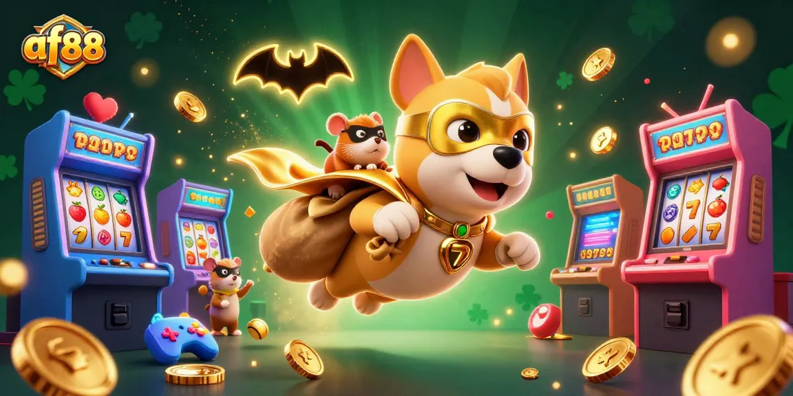 Experience the excitement of af88 with a superhero dog and hamster in a captivating casino-themed illustration full of vibrant game elements.