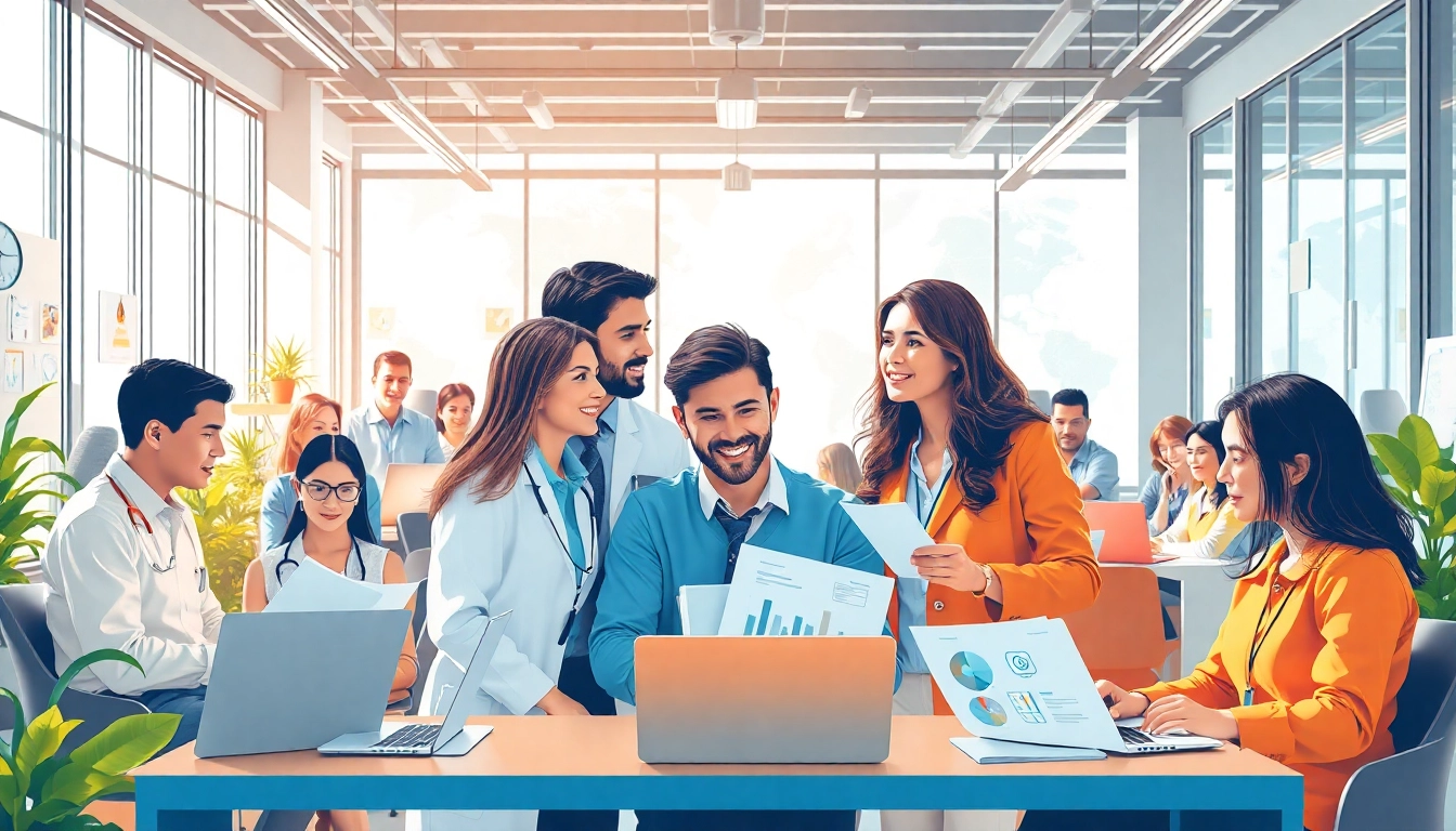 Group brainstorming for an Ideal Career surrounded by diverse professionals in a bright office setting.