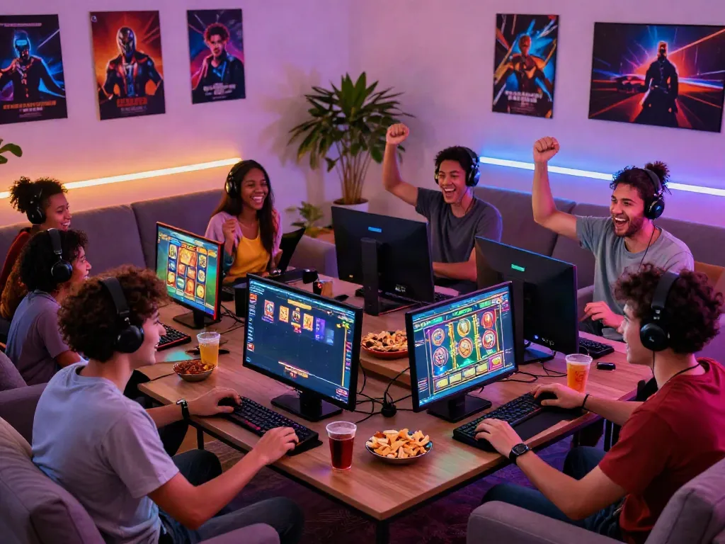 Engaging social gaming session featuring friends trying ทดลองสล็อต on colorful monitors with snacks.