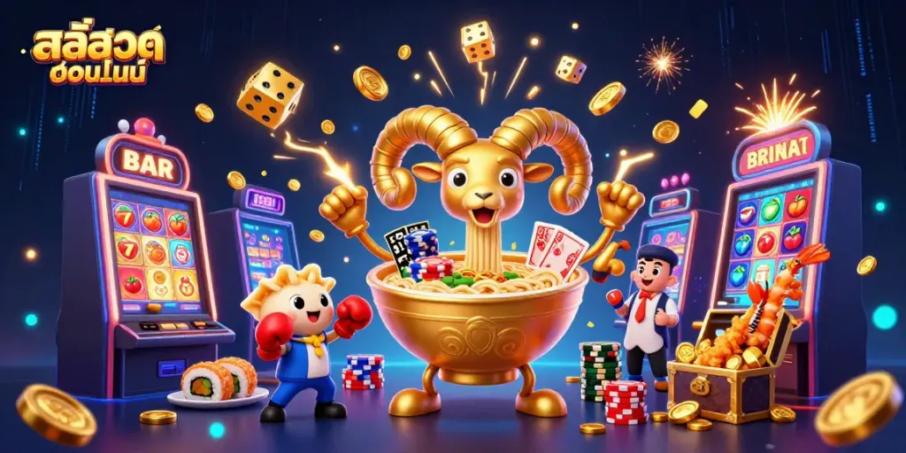 Experience thrilling สล็อตออนไลน์ action in this dynamic casino-themed 3D illustration featuring vibrant characters and energetic game elements.