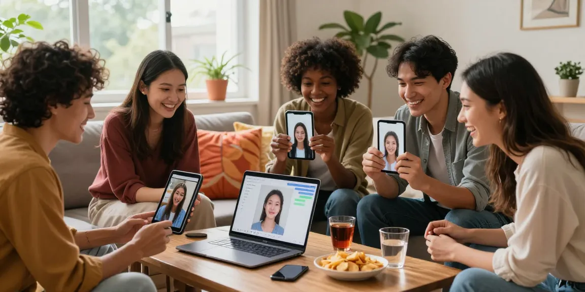 Group of friends discovering how old do I look through age estimation software in a cozy living room.