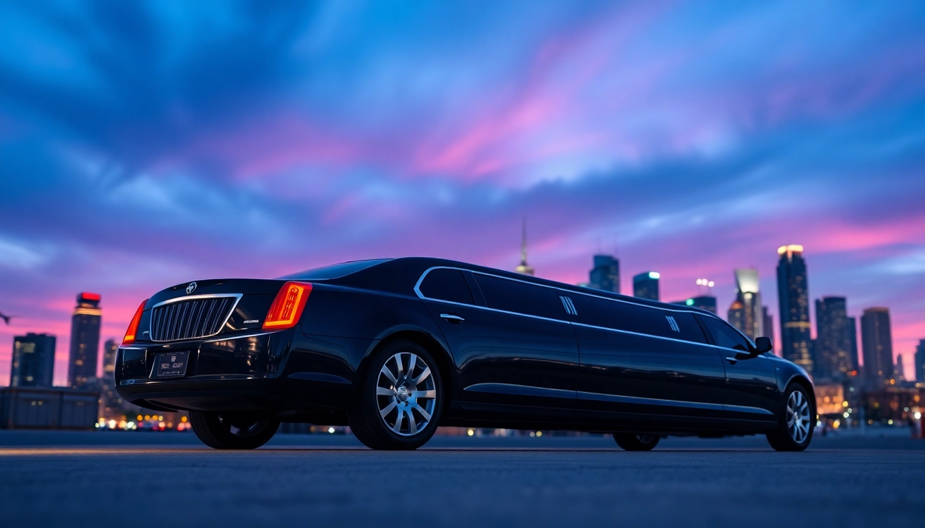 Experience the luxury of an airport limo service in a polished black limousine against a vibrant skyline.