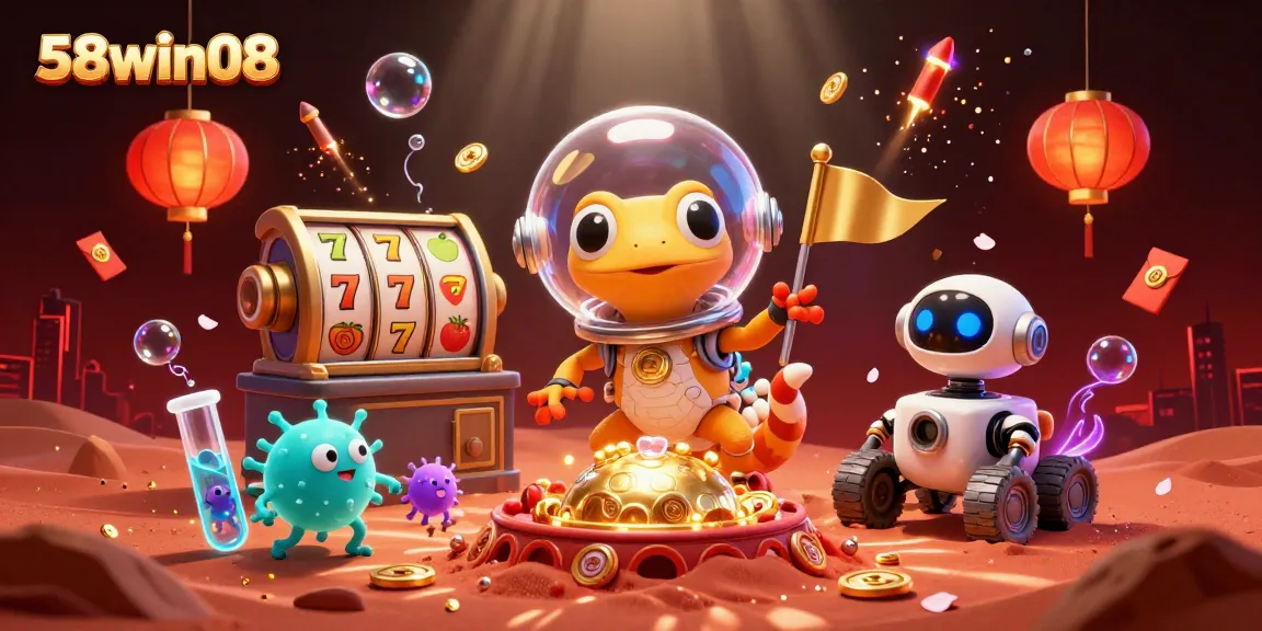 Engage in thrilling gameplay at 58win08, surrounded by vibrant casino elements and dynamic action.