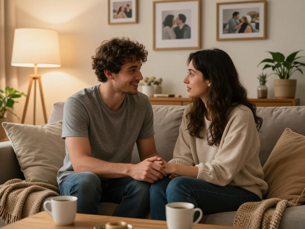 Couple discussing their relationship in cozy setting, sex net88 contextually illustrated.