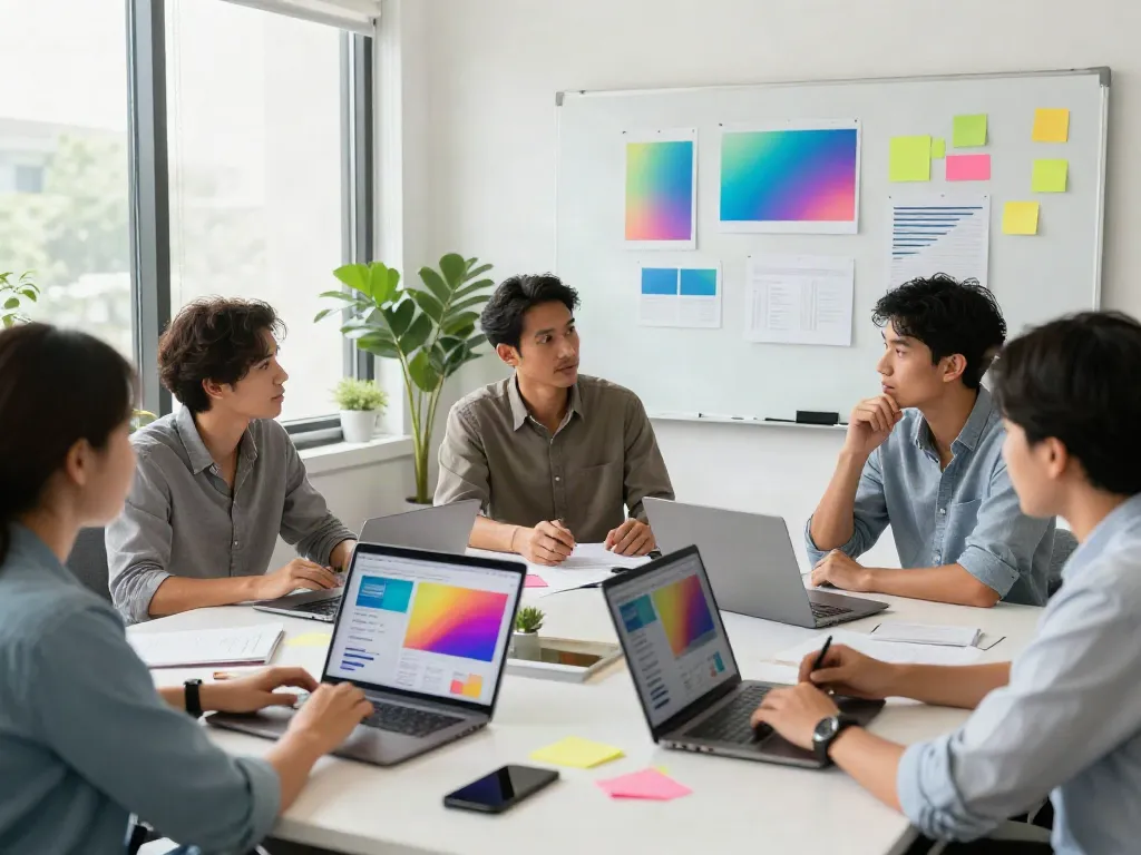 Team collaborating on our website project in a modern office.